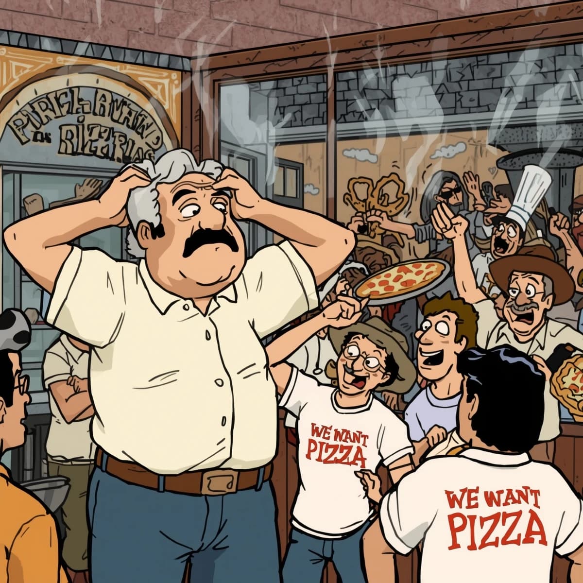 Pasquale is pulling his few remaining hairs out over a disaster at the pizzeria - the cooks are working as fast as they can but the crowds outside are swelling and they demand hot hot pizza! They are banging on the glass and some are wearing "we want pizza" shirts. 1980s western TV animation style.