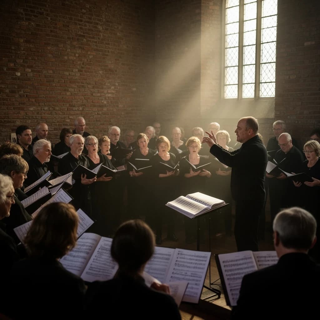 A choir rehearses in a brick hall as somewhat dramatic morning light falls through high windows, with a patient conductor mid-gesture, open scores, intent faces, slight motion blur.
