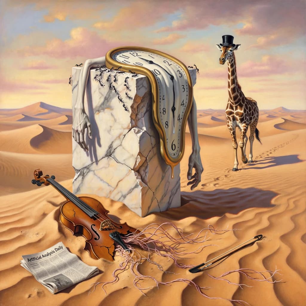 A vast desert plain stretches endlessly under a sky streaked with pale pink and ochre clouds. In the center stands a colossal clock, its face drooping and melting over the edge of a broken marble column. Ants swarm across its warped surface, glinting in the harsh sunlight. To the right, a horse with a giraffe like neck wearing a top hat strides toward the horizon, its shadow stretching miles across the sand. A cracked violin lies half-buried in the foreground, strings snapping outward like veins. Painted in the dreamlike surrealist style. A newspaper named the "Artificial Analysis Daily" lies on the Floor.