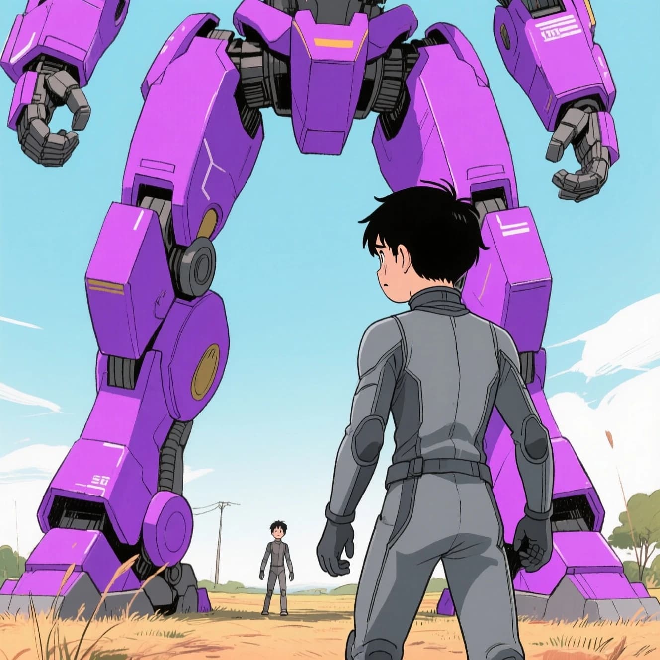 Clad in his body suit up to the neck, young Masa nervously approaches the towering mech with his back facing us. He is nervous for his first time in the field. The mech's bright purple colour scheme contrasts with the grey body suit. The scale of the mech dwarfs Masa. Hand drawn style