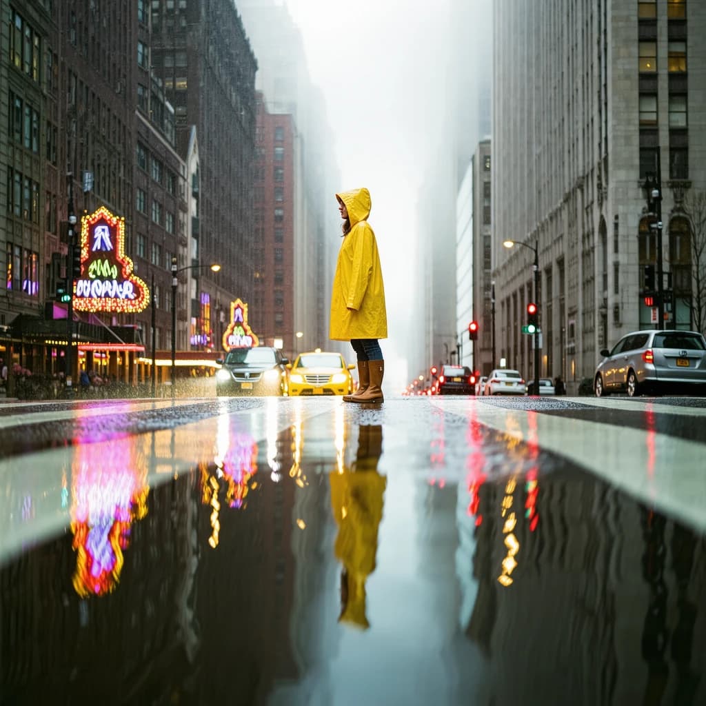 A sunlit city street after rain; puddles mirror neon signs as a woman in a yellow raincoat waits at a crosswalk, soft mist, 50mm look, natural tones, a bit of film grain.