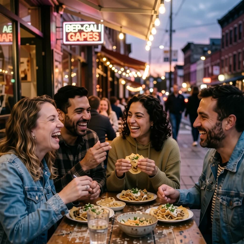 Friends laugh over street tacos at dusk, candid, shallow depth.