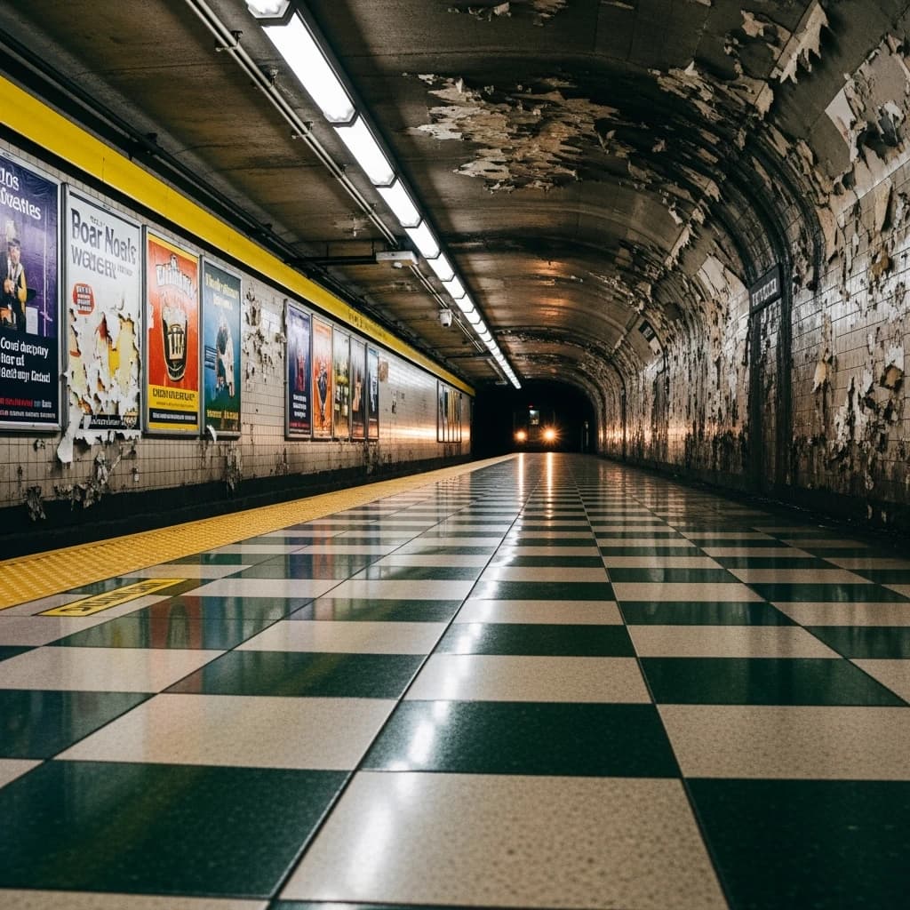 A subterranean subway platform with glossy tiles, peeling posters, flickering fluorescent lights, yellow safety line, and a distant train coming; slightly damp, echoes carry.