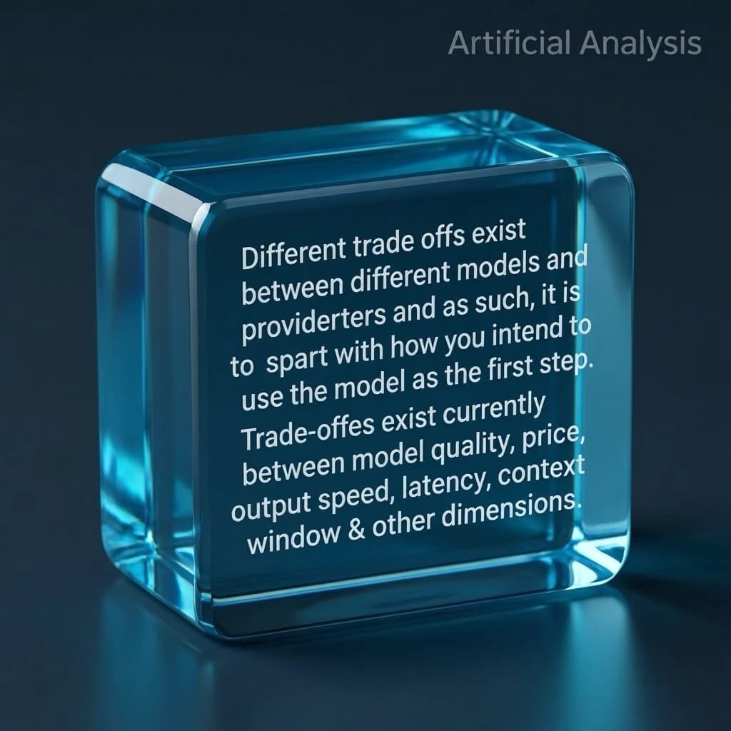 In a clear transparent blue glassy rounded box, etch "Different trade offs exist between different models and providers and as such, it is important to start with how you intend to use the model as the first step. Trade-offs exist currently between model quality, price, output speed, latency, context window & other dimensions. " in sans serif medium weight text. Artificial Analysis is watermarked over the top right 