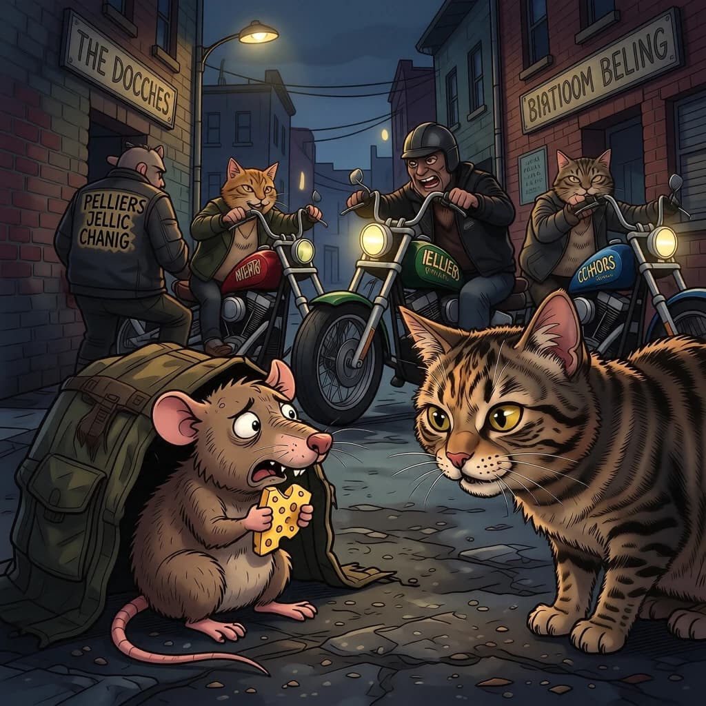 The cartoon rat clenches his thin wedge of cheese and trembles in fear as he hides from the menacing Jellicles, the roaming cat motorcycle gang, all wearing their colors with the name on the back. The cats have all drunk far too much milk and are causing a big ruckus! One cat is close to finding the rat