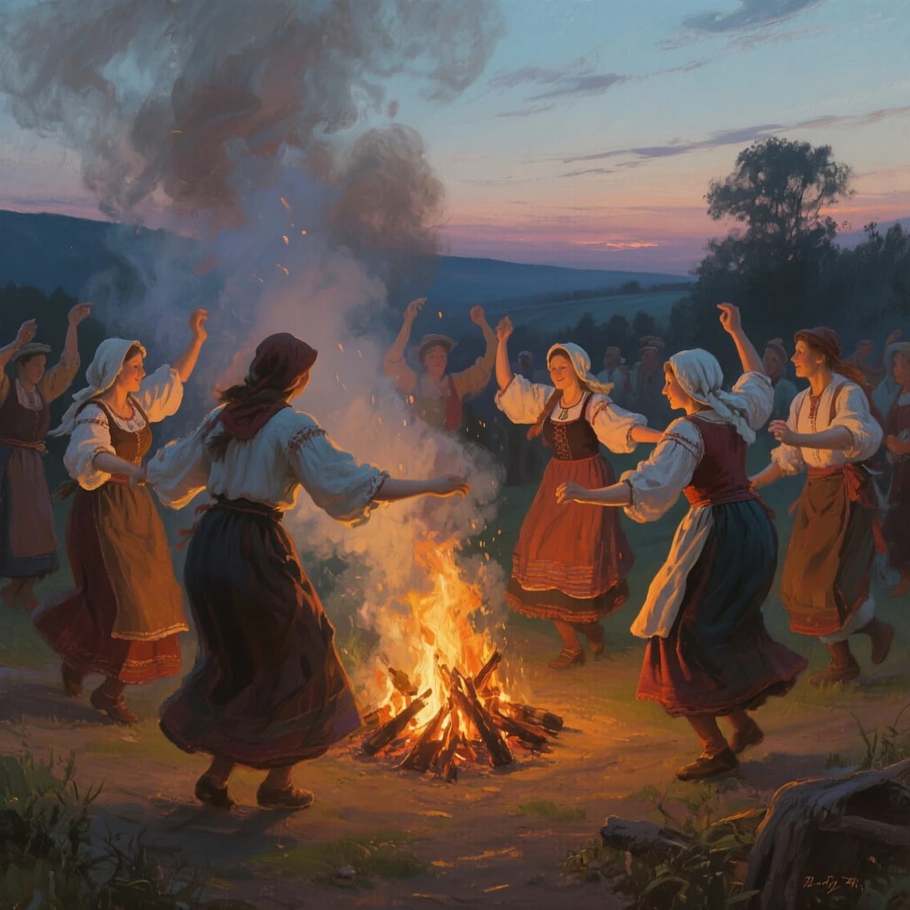 Make an oil painting of villagers dancing by a bonfire at dusk, a bit smoky.