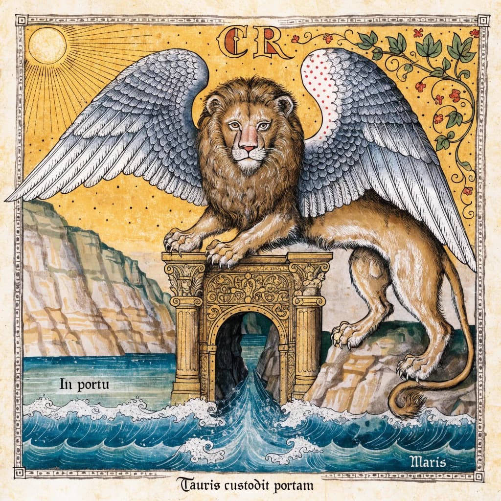 Paint an illuminated manuscript scene of a winged lion guarding a sea gate.