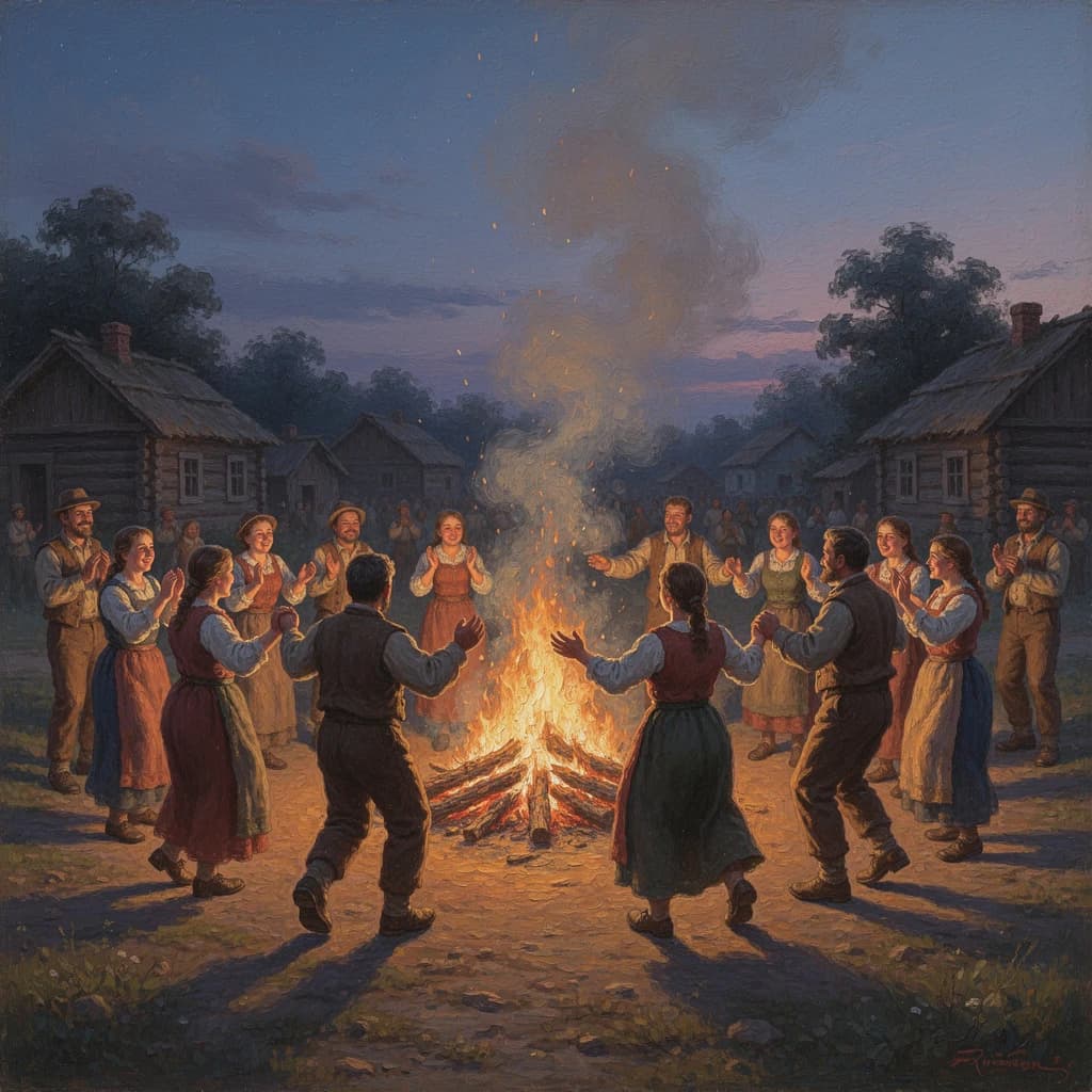 Make an oil painting of villagers dancing by a bonfire at dusk, a bit smoky.
