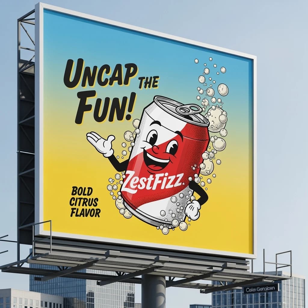 Design a bright soda billboard ad with a bubbly can mascot, thick inky lines.