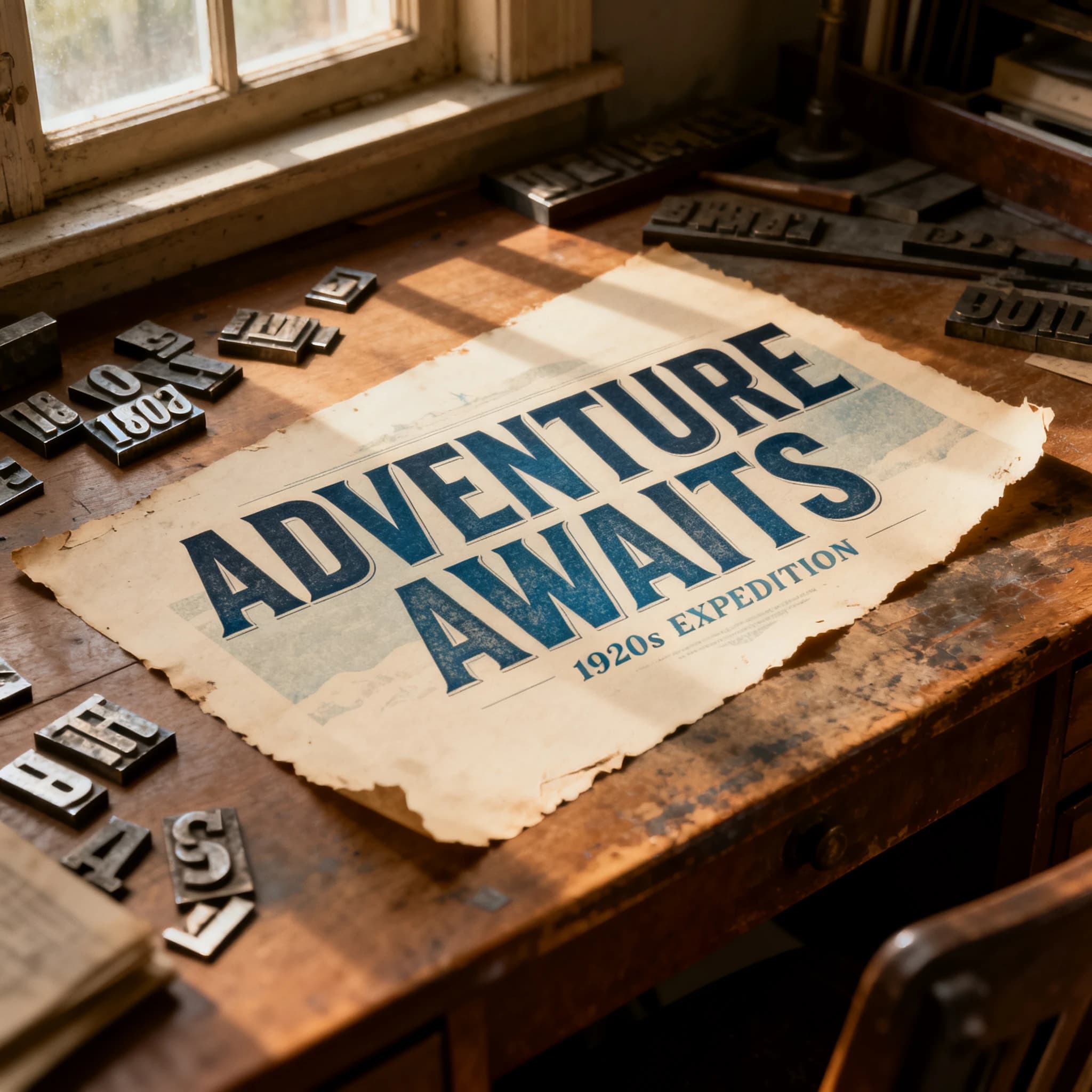 A vintage letterpress poster on a wooden desk: bold slab serif headline, tight kerning, misregistered ink, slightly worn edges, scattered metal type, soft window light.