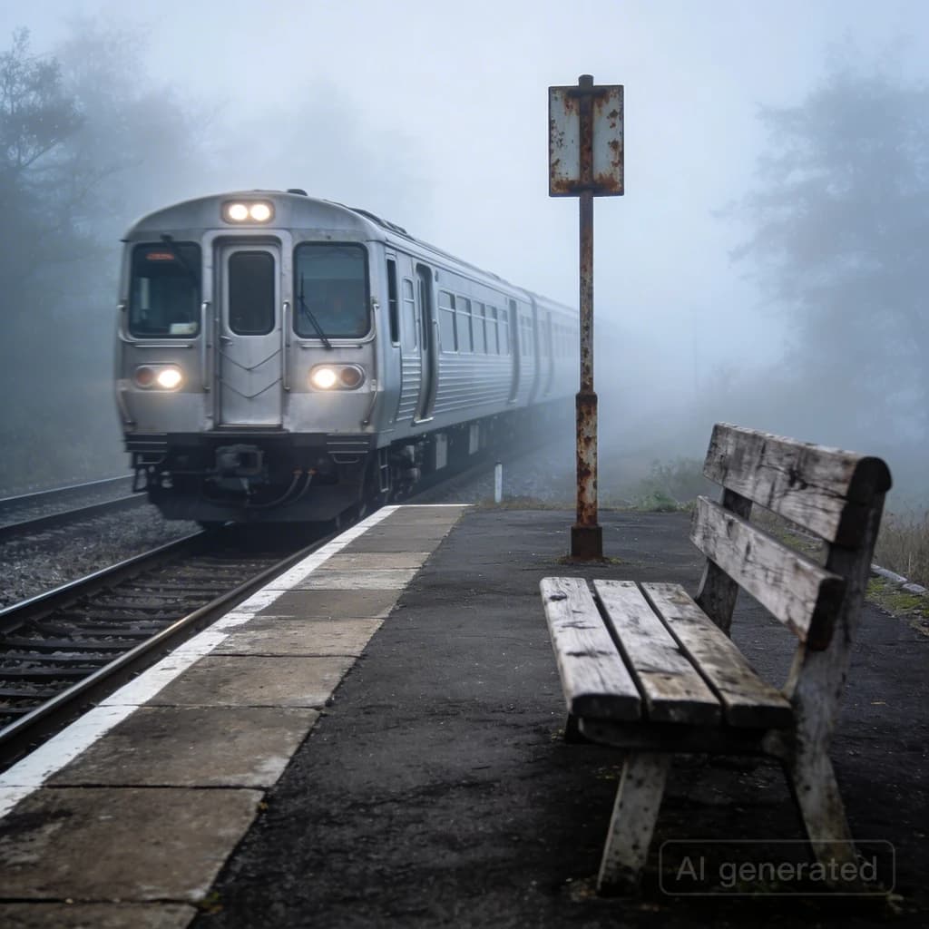 A commuter train enters a foggy little station.