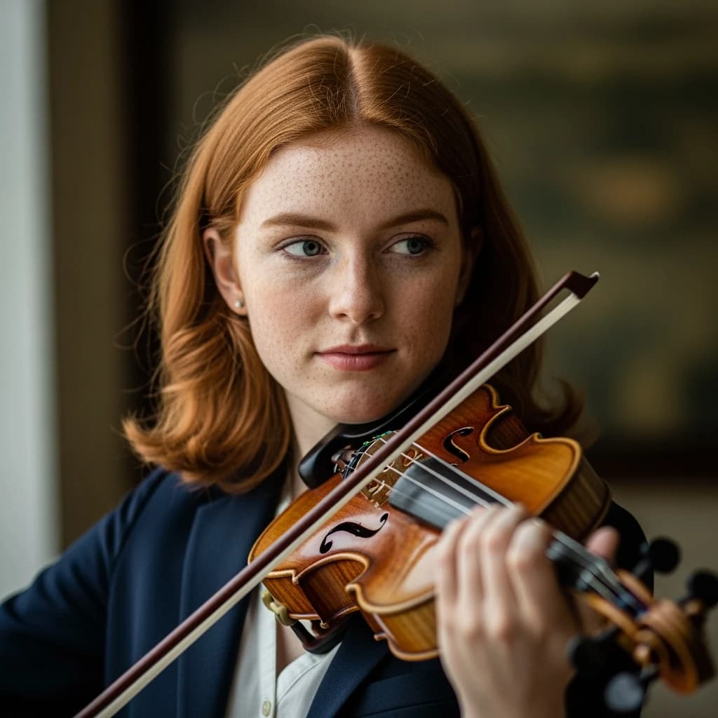 Capture a head-and-shoulders portrait of a freckled red-haired violinist in a navy blazer, soft window light, 85mm at f/1.8, gently smiling yet serious eyes, muted tones.