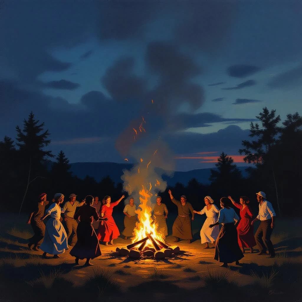 Make an oil painting of villagers dancing by a bonfire at dusk, a bit smoky.