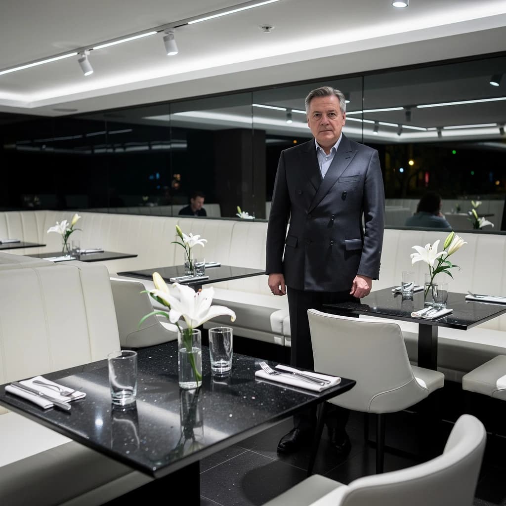 The place is almost empty. The banquettes are covered in white leather, the tables black granite, and the entire room is bathed in halogen track lighting that seems too bright. The maître d’ wears a double-breasted wool crepe jacket. There are lilies on every table.