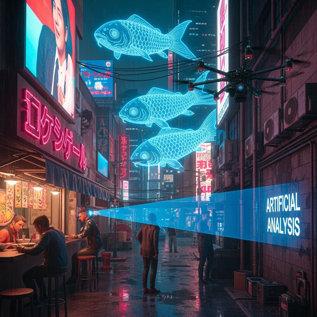 A neon alley in Neo-Tokyo 2142 drips with rain Cybernetic patrons slurp ramen at a stall with their glowing implants humming with blue light. Three giant holographic koi hover 10 metres above the ground and swim across the skyline, one has clipped into a building. A six-prop drone hovers nearby, projecting "Artificial Analysis" onto a wall with blue laser beams visible