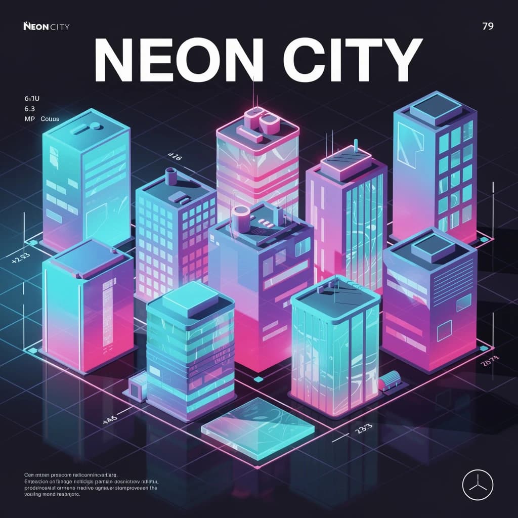 Render an isometric city poster with geometric buildings, neon gradients, gloss highlights, soft AO shadows, clean sans-serif lettering, grid layout, reflections a bit overexposed.