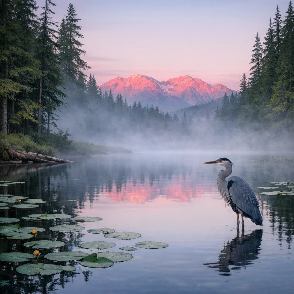 With pre-dawn mist along a cedar forest river and glassy water dotted with lily pads, distant mountains blush pink, and a heron stands still like it forgot what to do next.