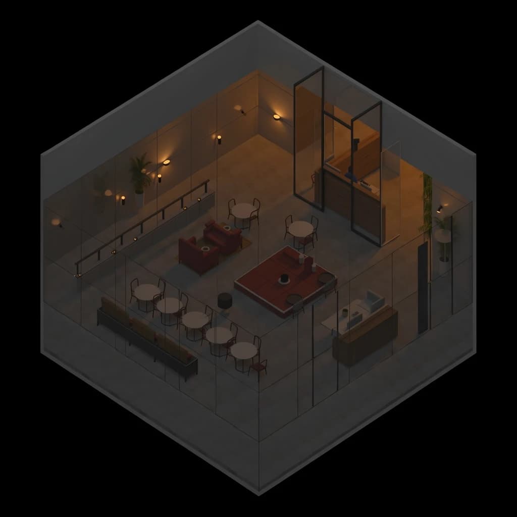 Isometric 3D lobby, glass walls, warm lights, slightly moody, soft shadows.