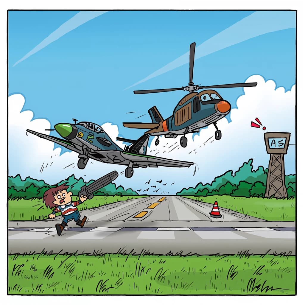 Almost at the runway, Fred the Fighter Jet is racing with Barry the Bomber to see who lands first. Fred has a mischievous trick up his sleeve but Hermione the Helicopter is going to stop him before he gets the chance. The control tower is very angry and has a big exclamation mark. Hand drawn cel look