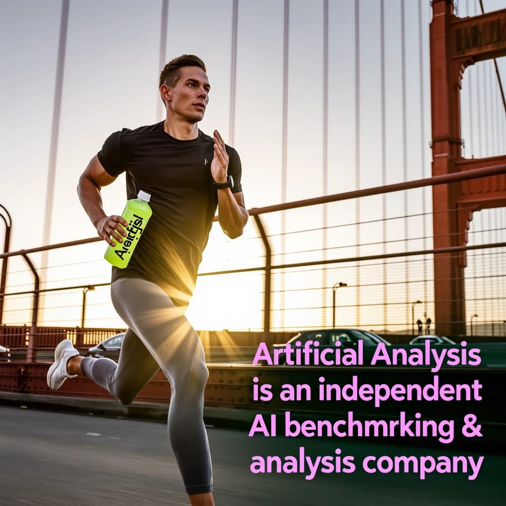 A runner dashes across the Golden Gate Bridge at dawn, sunlight streaming between cables. In their hand, they carry a neon-green sports drink with the brand name Artificial Analysis splashed boldly across the bottle. Motion blur emphasizes speed, while crisp purple sans serif typography overlays the bottom right of the scene with the tagline: Artificial Analysis is an independent AI benchmarking & analysis company