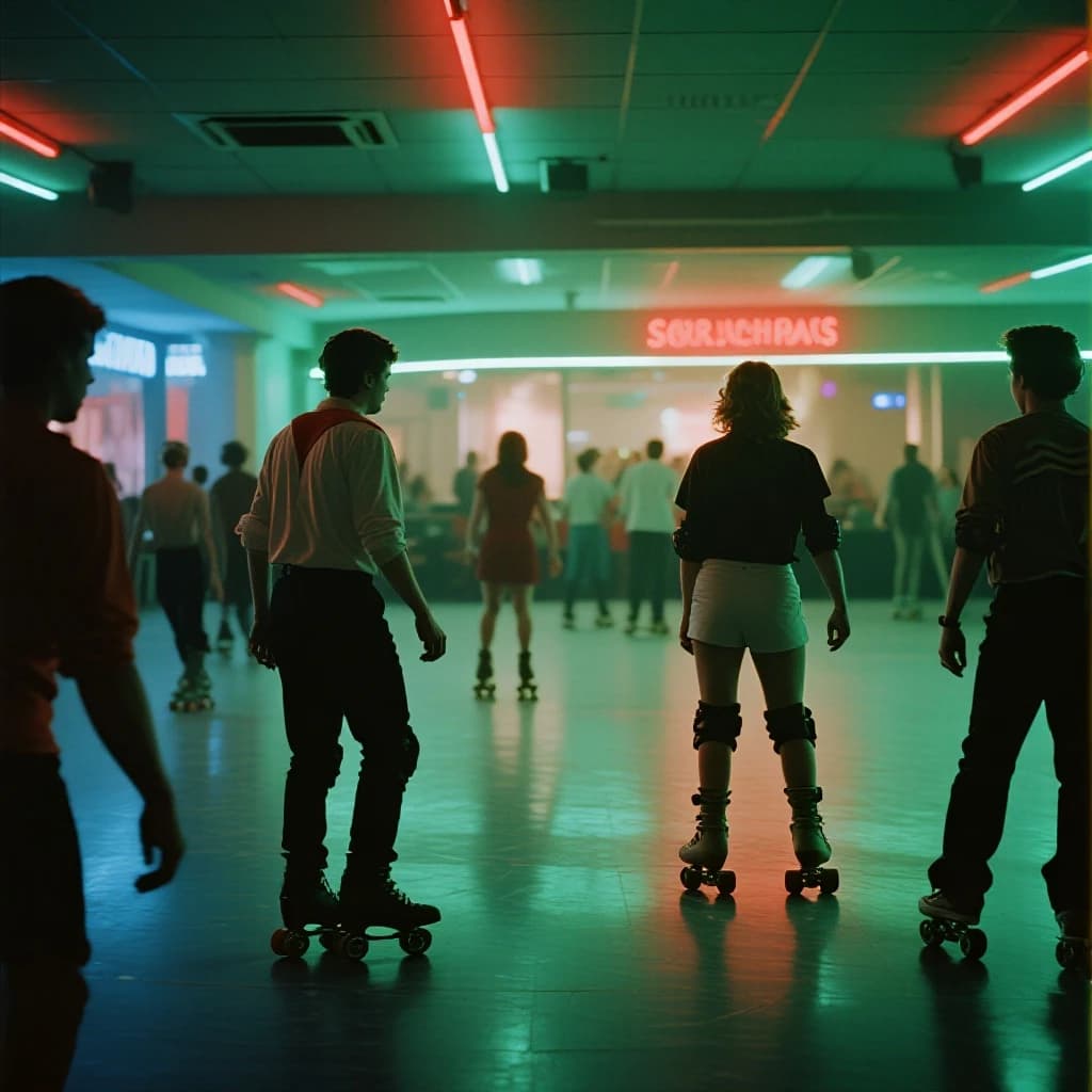 A 1970s roller rink crowd skates under neon, with a bit of fade and film grain.
