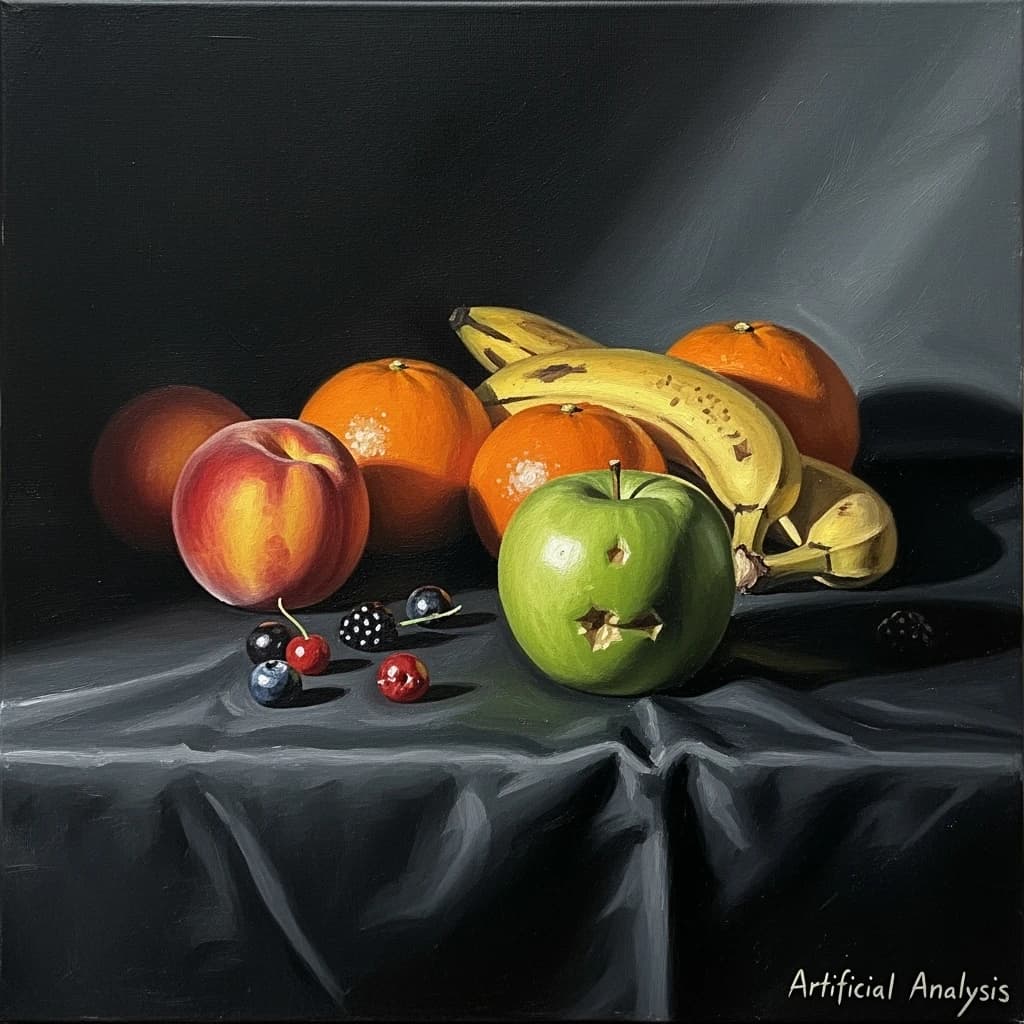 A still life scene painted oil on canvas, comprising various fruits on a black table cloth with striking lighting coming from the right out of frame, creating strong shadows. A bruised green apple is in the foreground, a peach behind it, and behind that a melange of oranges and bananas in various states of ripeness. Berries are strewn in front of the apple. The artist has signed his name "Artificial Analysis" in the bottom right corner in a hurried fashion.
