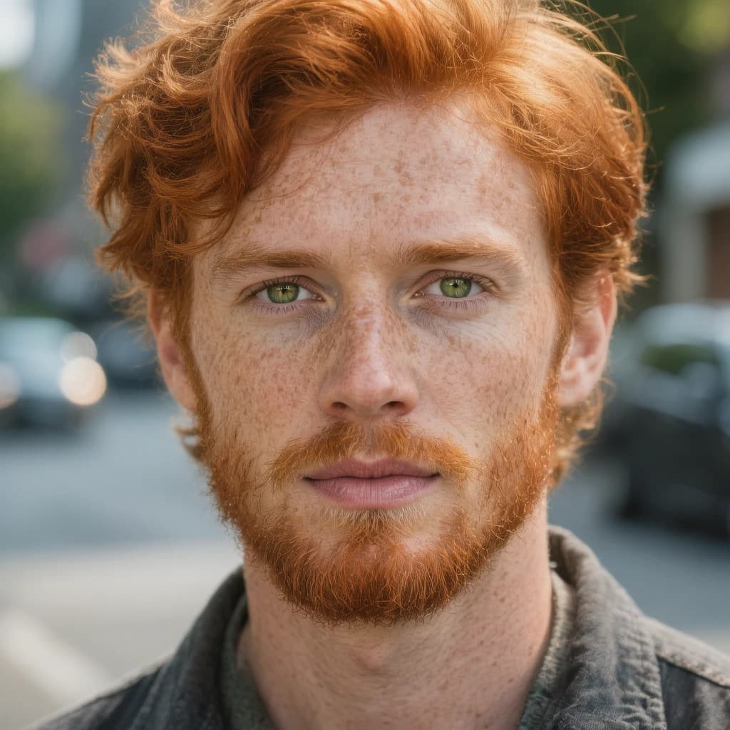 Shoot a natural light headshot of a red-haired man with freckles, green eyes.