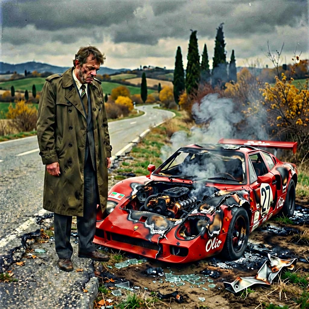 Mario examines the still smouldering wreck of the crash that took his best driver on the side of the country road. He designed this car and caused this. 3 days have passed since the crash. It's 1973 in Northern Italy.