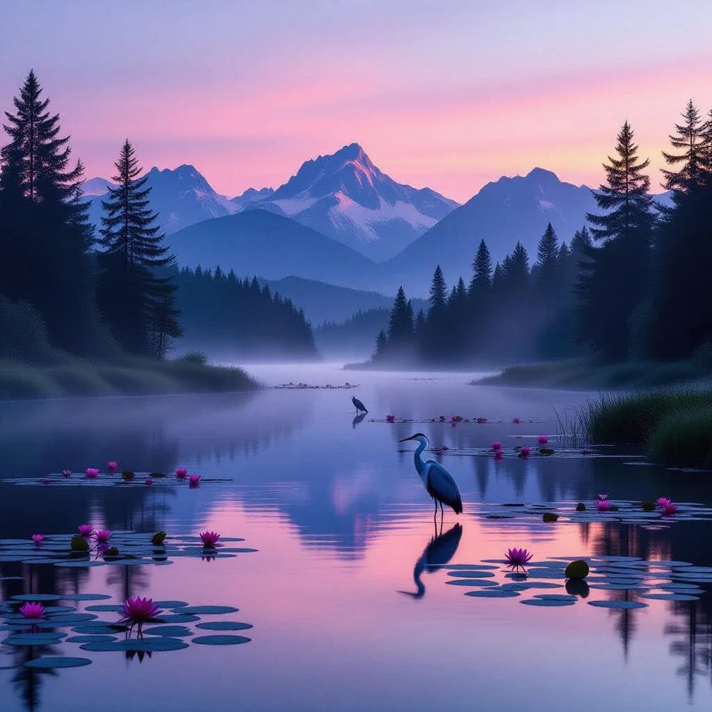 With pre-dawn mist along a cedar forest river and glassy water dotted with lily pads, distant mountains blush pink, and a heron stands still like it forgot what to do next.