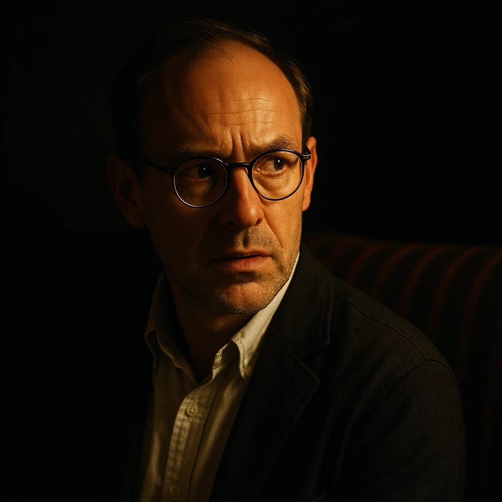 A sharply lit portrait of a middle-aged man wearing thin-rimmed glasses and a dark jacket over a white collared shirt. He gazes intently to the side, his face half illuminated by warm light while the background recedes into deep shadow. The expression is thoughtful, almost wary, as if caught mid-conversation. Behind him, a striped cushion in muted reds and blacks adds subtle texture, contrasting with the crisp highlights on his forehead and glasses. The overall mood is contemplative and cinematic, balancing warmth with tension.