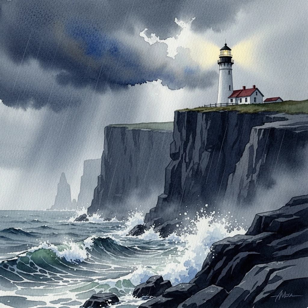 Please paint a watercolor of stormy cliffs and a lighthouse, moody sky.