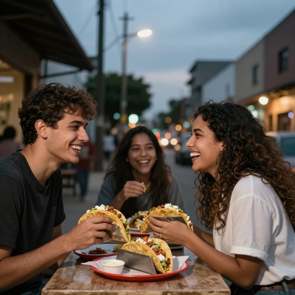 Friends laugh over street tacos at dusk, candid, shallow depth.