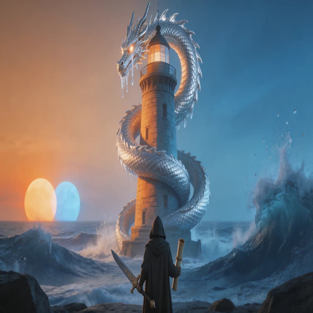 A dragon of molten silver coils around a lighthouse. The storming sea below crashes upward in frozen stillness, as though caught mid-motion. The dragon’s molten eyes drip tears of ice. On the horizon, two suns set next to each other, casting orange light on one side of the tower and blue on the other. A cloaked traveler carries an ancient weapon in his left hand and a scroll in his right.