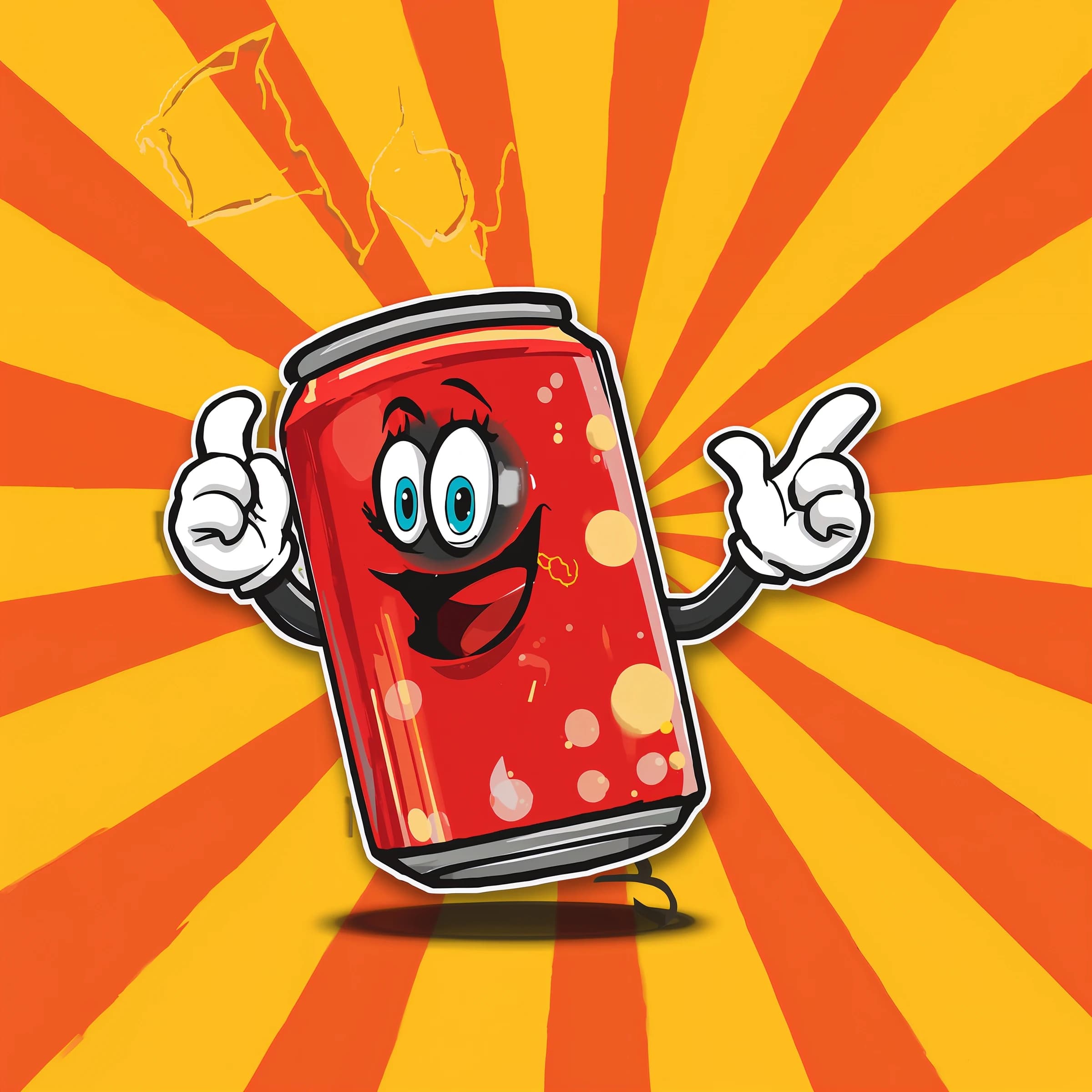 Design a bright soda billboard ad with a bubbly can mascot, thick inky lines.