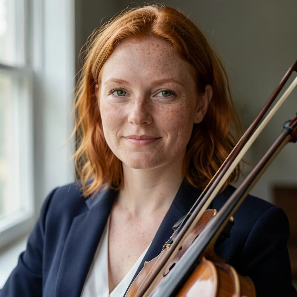 Capture a head-and-shoulders portrait of a freckled red-haired violinist in a navy blazer, soft window light, 85mm at f/1.8, gently smiling yet serious eyes, muted tones.