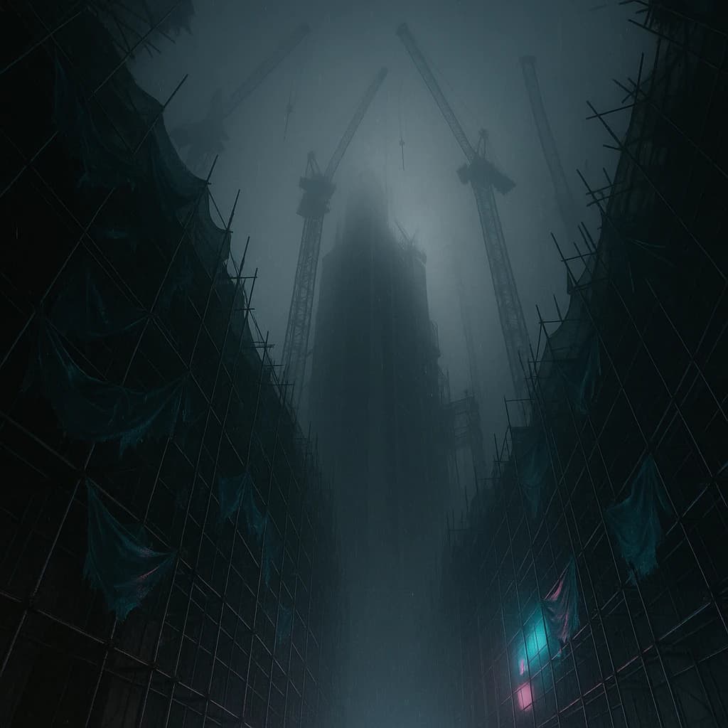 A construction site stretched upward into fog, cranes frozen in silhouette. Wind rattled scaffolding draped with torn mesh that glowed faintly from nearby billboards