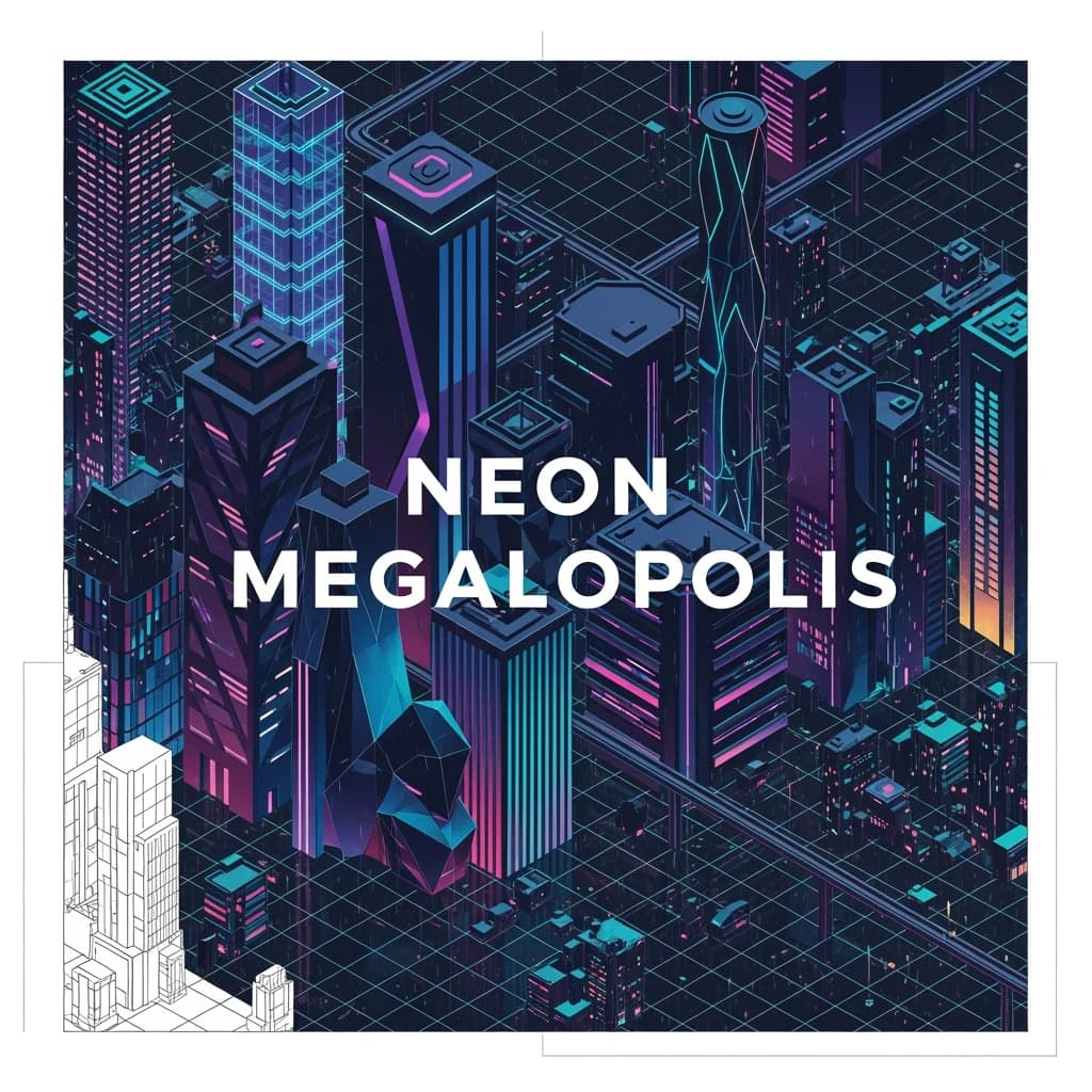 Render an isometric city poster with geometric buildings, neon gradients, gloss highlights, soft AO shadows, clean sans-serif lettering, grid layout, reflections a bit overexposed.