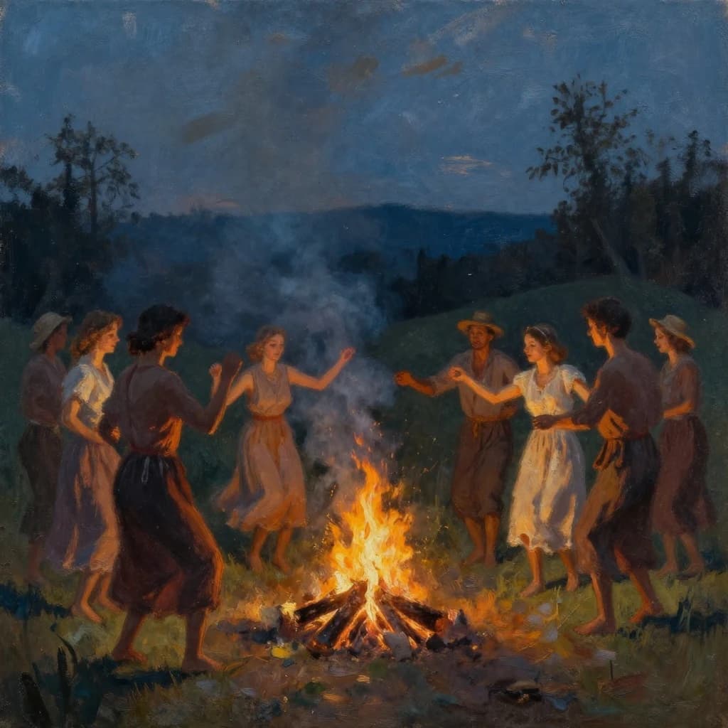 Make an oil painting of villagers dancing by a bonfire at dusk, a bit smoky.