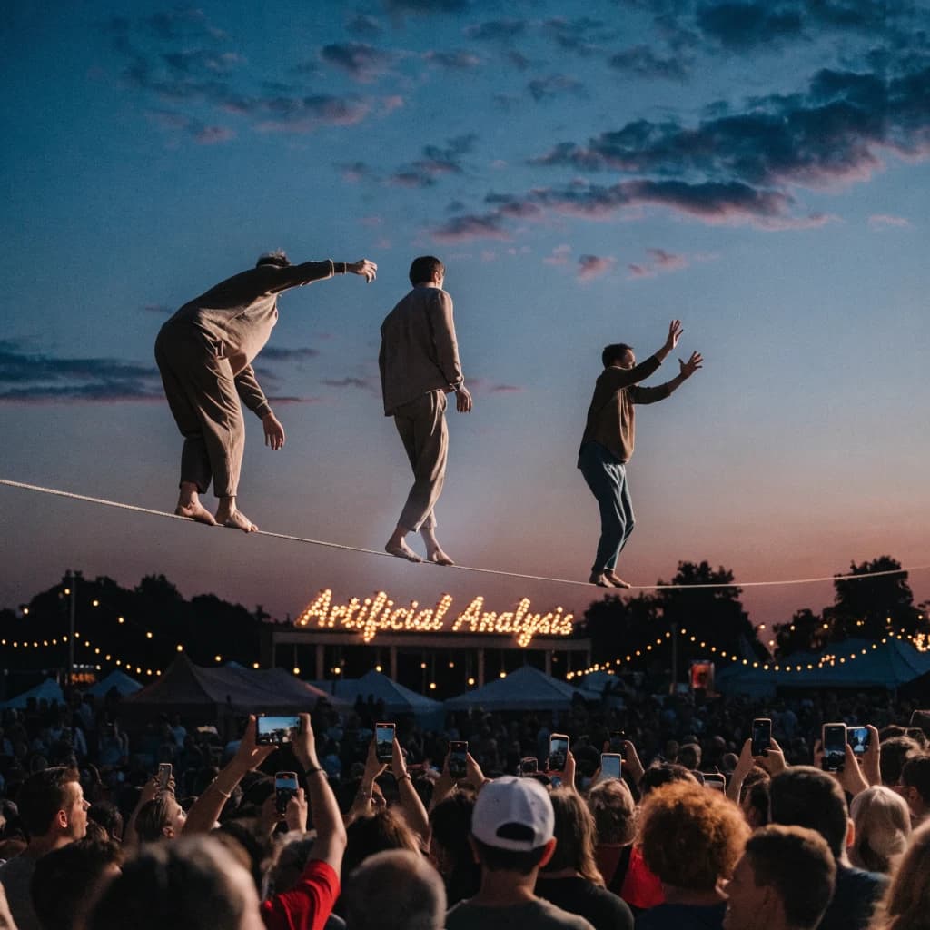 At dusk, high above a carnival crowd, three tightrope walkers balance on a single rope with no aids, one is off balance and grabbing at air. Below, the audience looks upward with baited anticipation. Artificial Analysis is spelled out in the background in carnival lights