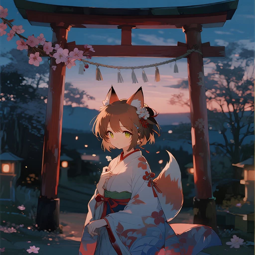 Cel-shaded fox spirit girl, glowing shrine at dusk, soft bloom, sparkly eyes.