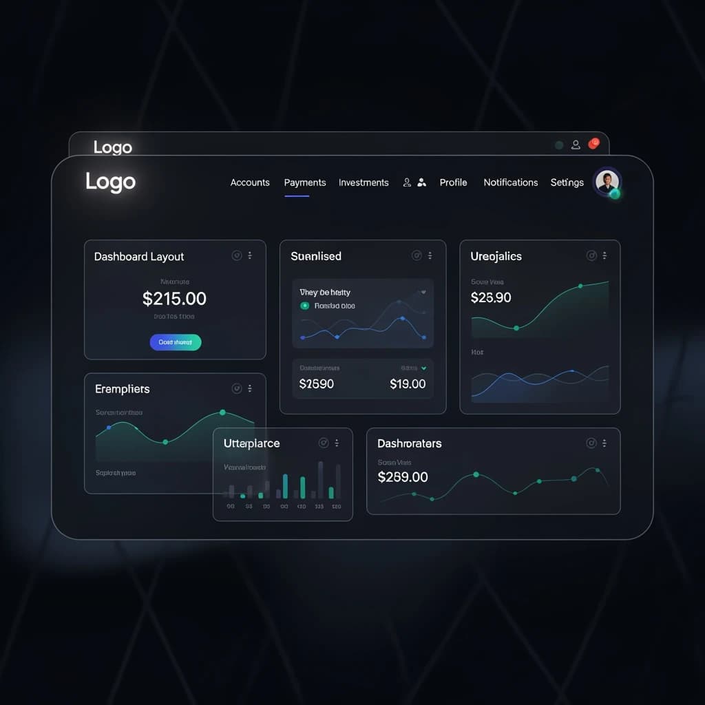 Dark mode banking dashboard with glassmorphism.