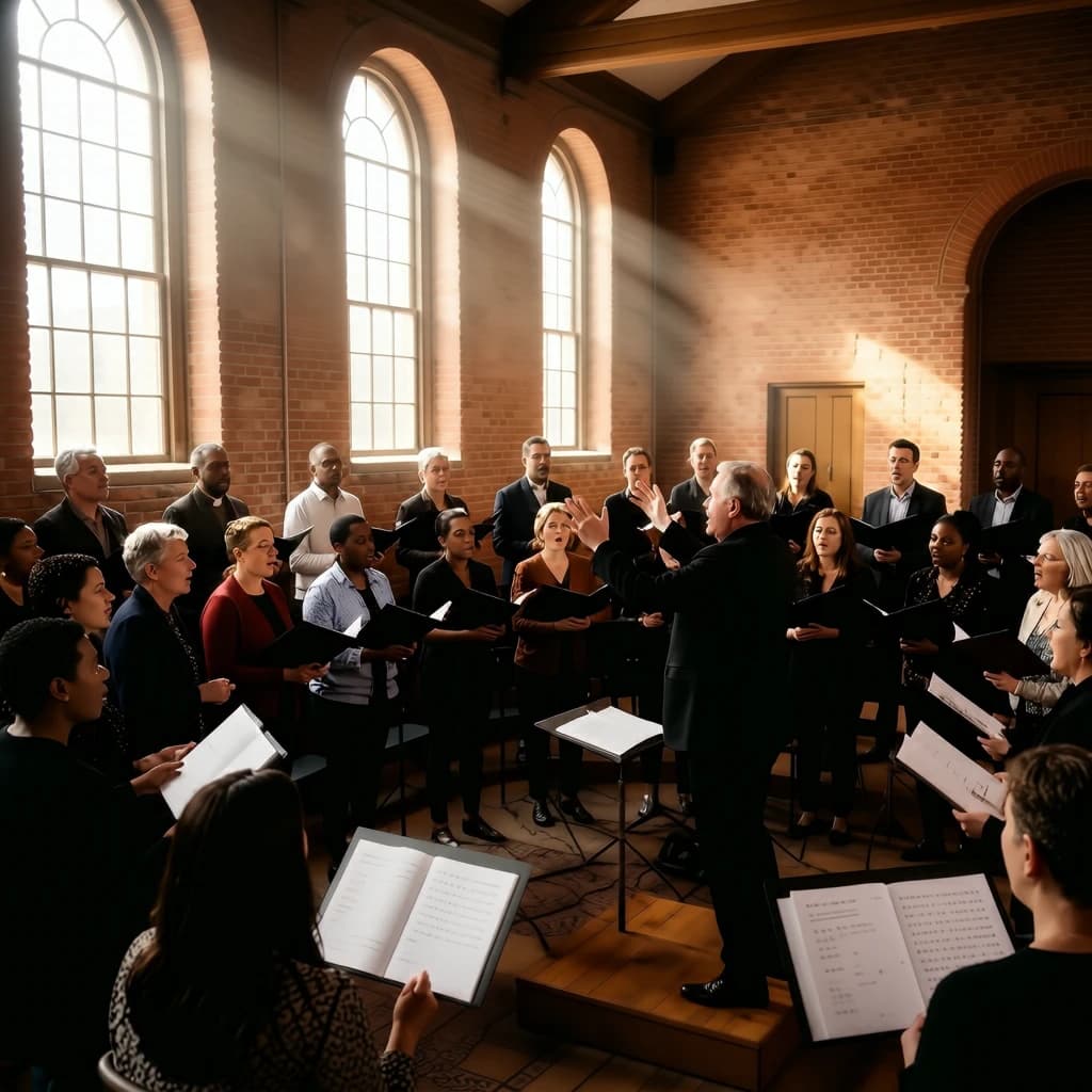 A choir rehearses in a brick hall as somewhat dramatic morning light falls through high windows, with a patient conductor mid-gesture, open scores, intent faces, slight motion blur.