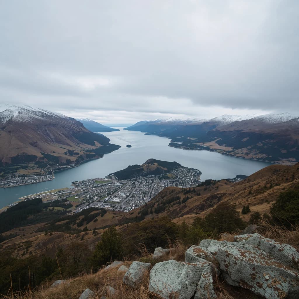 Queenstown's Lake Wakatipu, viewed from the top of Queenstown Hill after a snowstorm just dusted the top of Cecil's Peak