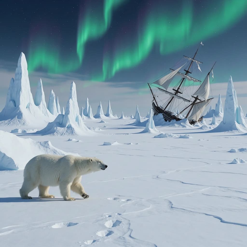 An endless tundra stretches outward, littered with jagged icebergs shaped like cathedral spires. A polar bear trudges across the foreground but leaves no tracks. Auroras ripple overhead. A half-buried shipwreck juts from the snow — sails billowing despite the still air.