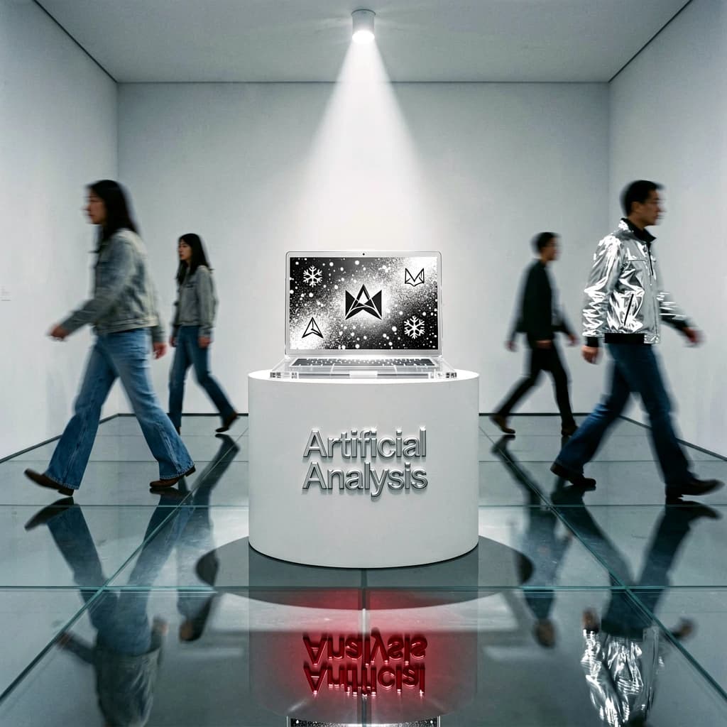 In a spotless gallery space, a pedestal supports a transparent laptop whose screen flickers between static and pristine brand imagery. Shoppers blur past in designer clothes that appear slightly outdated - bell bottoms, metallic jackets. The embossed logo “Artificial Analysis” glints silver, yet its reflection in the glass floor reads in crimson letters. A single spotlight shines, though shadows fall in two directions.