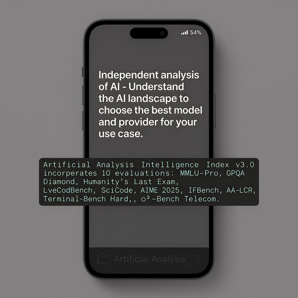 On a black smartphone UI with rounded corners, display a centered text block in white San Francisco font, 16pt: “Independent analysis of AI - Understand the AI landscape to choose the best model and provider for your use case.” Below, in neon cyan, monospace font, smaller size: “Artificial Analysis Intelligence Index v3.0 incorporates 10 evaluations: MMLU-Pro, GPQA Diamond, Humanity's Last Exam, LiveCodeBench, SciCode, AIME 2025, IFBench, AA-LCR, Terminal-Bench Hard, 𝜏²-Bench Telecom.” The second block scrolls horizontally as a ticker. The battery icon in the status bar shows 54%. The Artificial Analysis logo appears faintly, embossed into the bottom navigation bar.