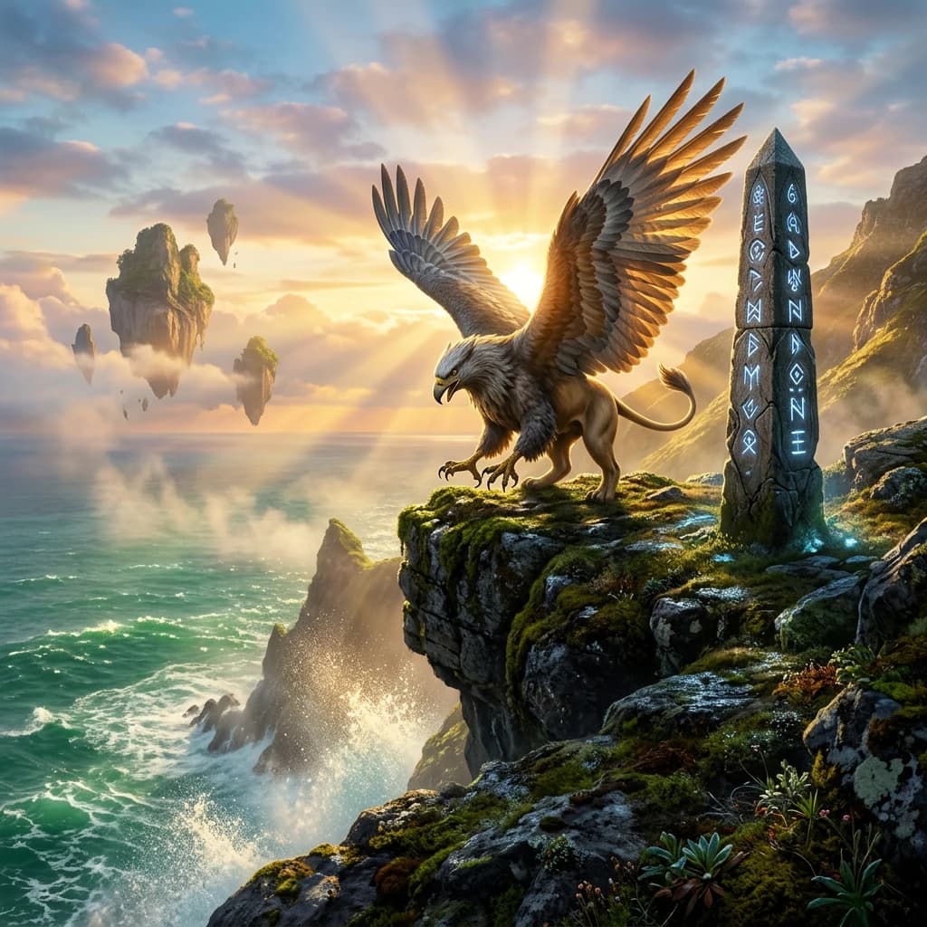 At dawn, a winged griffin lands on a mossy cliff above a jade sea beside a runed obelisk; floating isles drift under golden sunbeams, with a bit of sea spray and glowing runes.