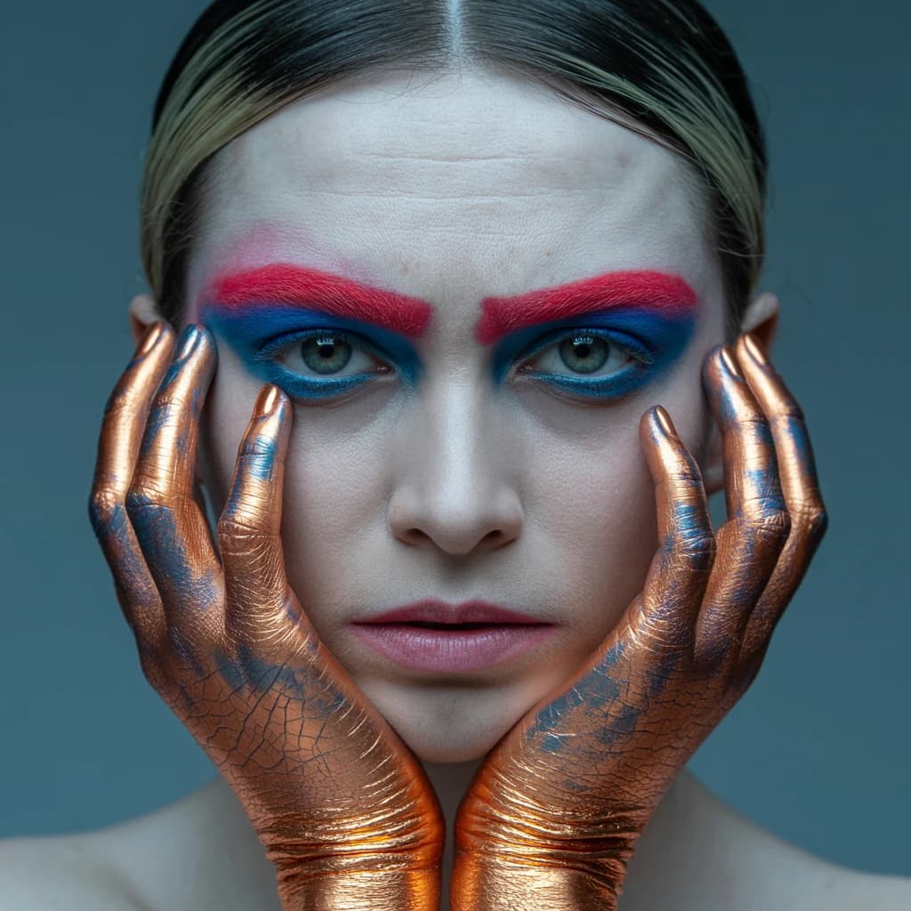 A striking close-up portrait of a woman with cracked metallic copper-painted hands framing her face. Her vivid blue and red eye makeup contrasts sharply with the smooth, pale skin and muted background, creating a bold, surreal composition. She displays an air of uncertainty about her