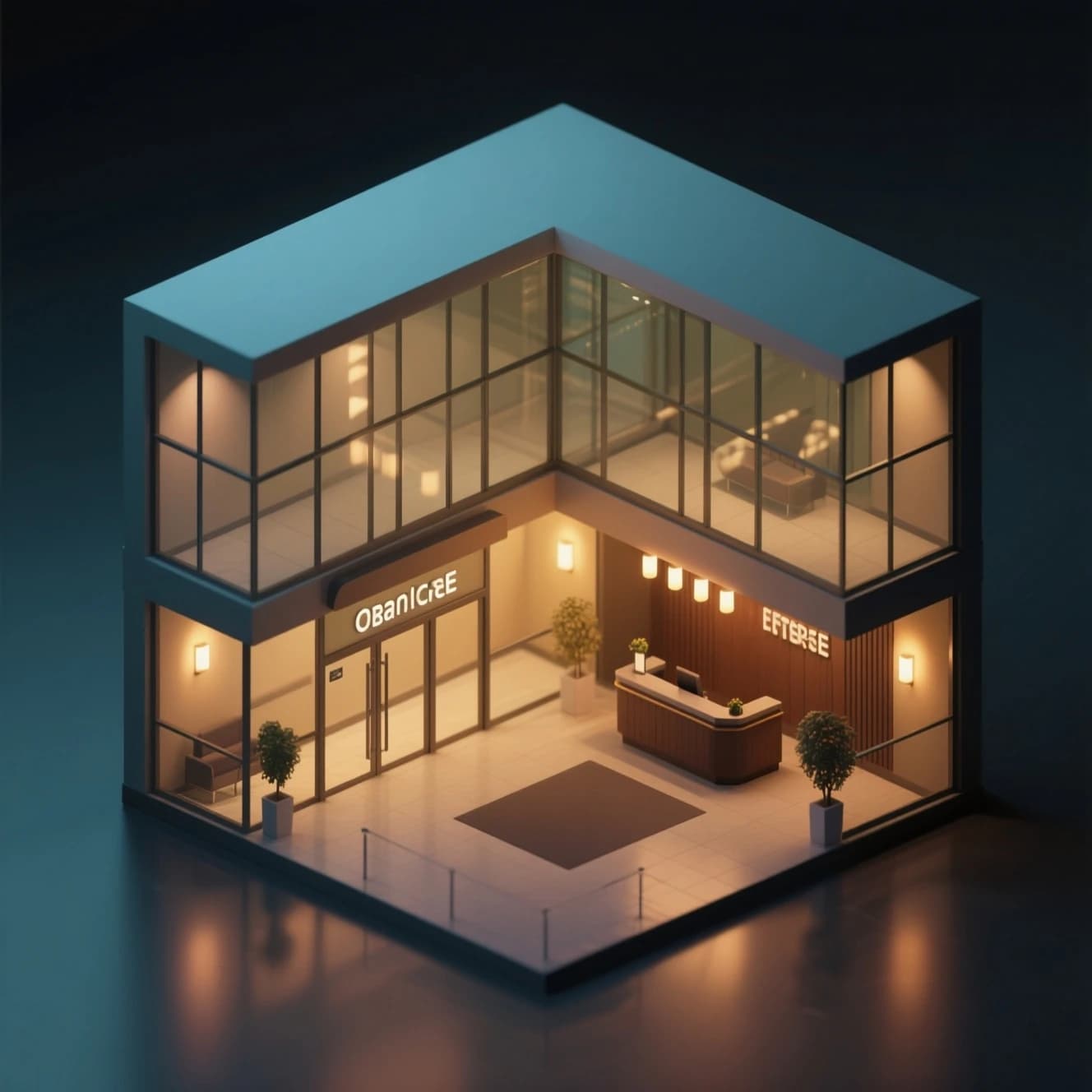 Isometric 3D lobby, glass walls, warm lights, slightly moody, soft shadows.