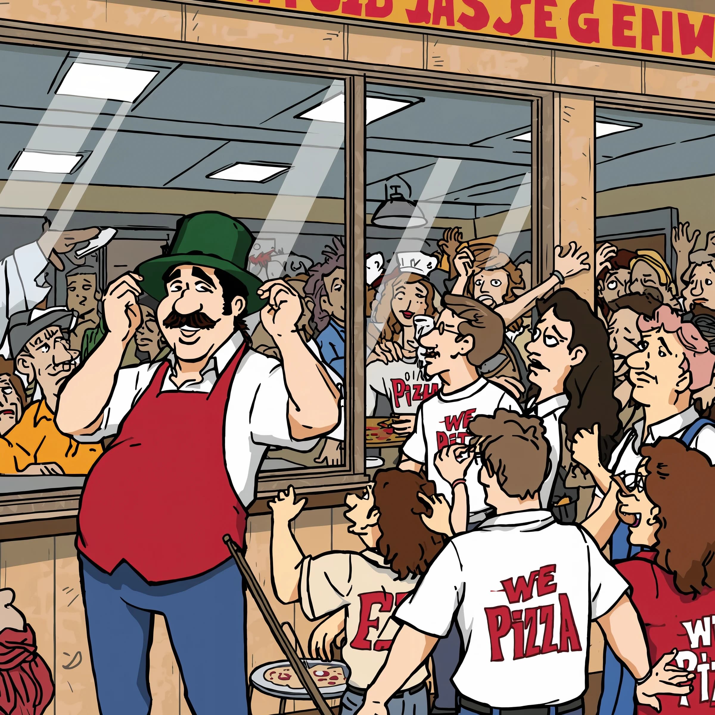 Pasquale is pulling his few remaining hairs out over a disaster at the pizzeria - the cooks are working as fast as they can but the crowds outside are swelling and they demand hot hot pizza! They are banging on the glass and some are wearing "we want pizza" shirts. 1980s western TV animation style.